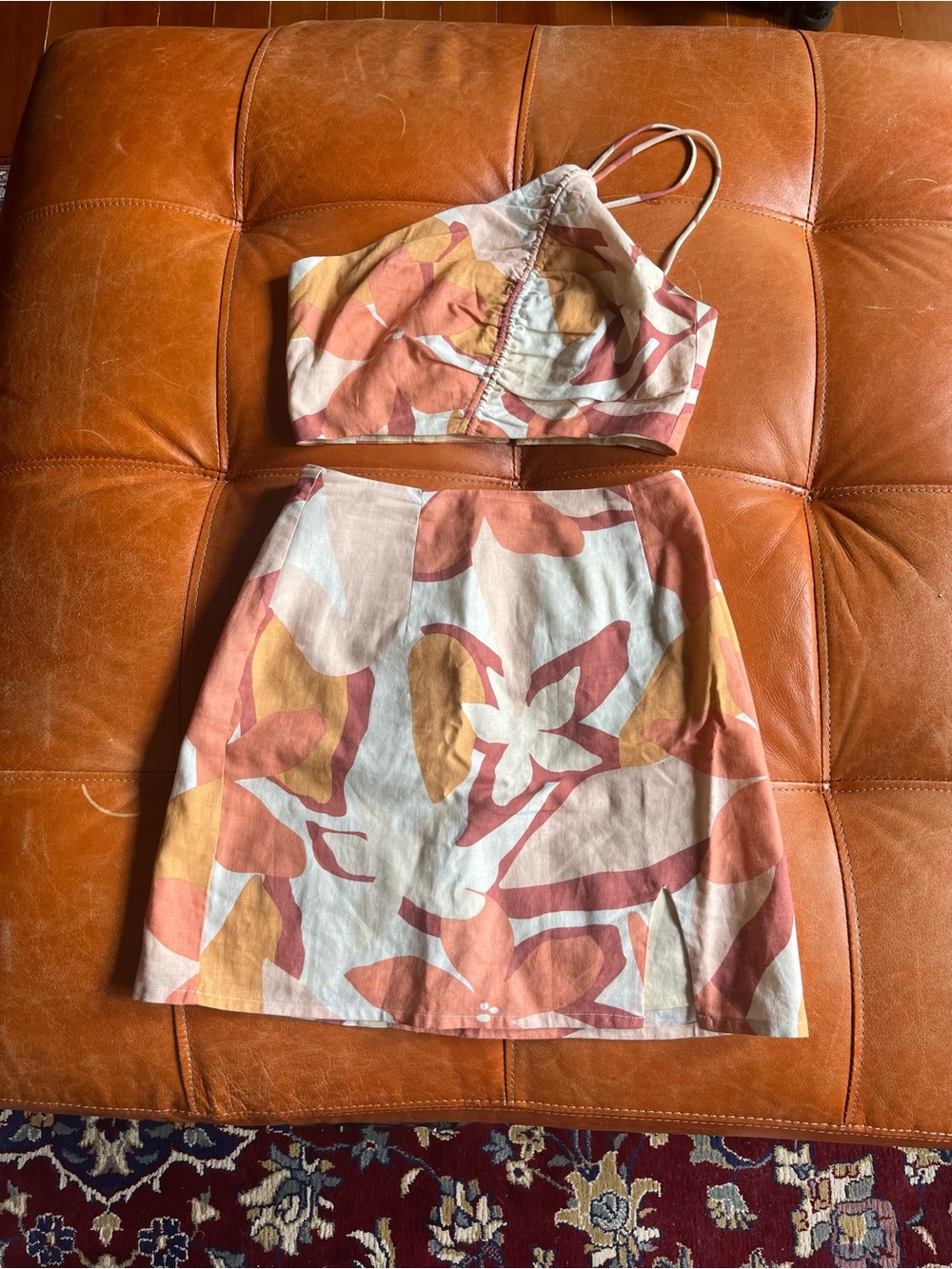 Sabo Skirt Two-Piece Floral Print Skirt Set in Peach, Mustard & Cream